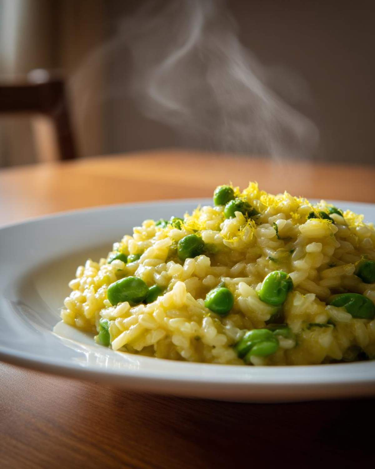 Zbliżenie na parujące Risotto z bobem i cytryną, posypane skórką z cytryny, podane na białym talerzu.