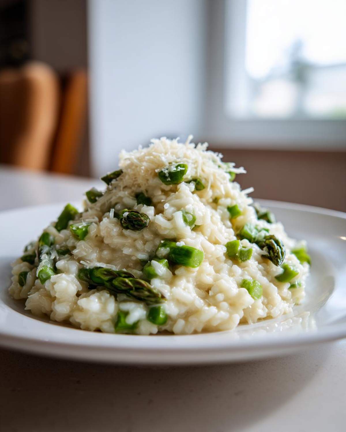 Kremowe Risotto ze szparagami i parmezanem posypane tartym serem na białym talerzu.