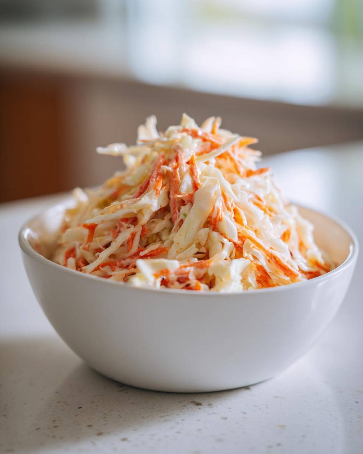 Zbliżenie na białą miskę wypełnioną świeżą sałatką coleslaw z młodej kapusty i marchewki.
