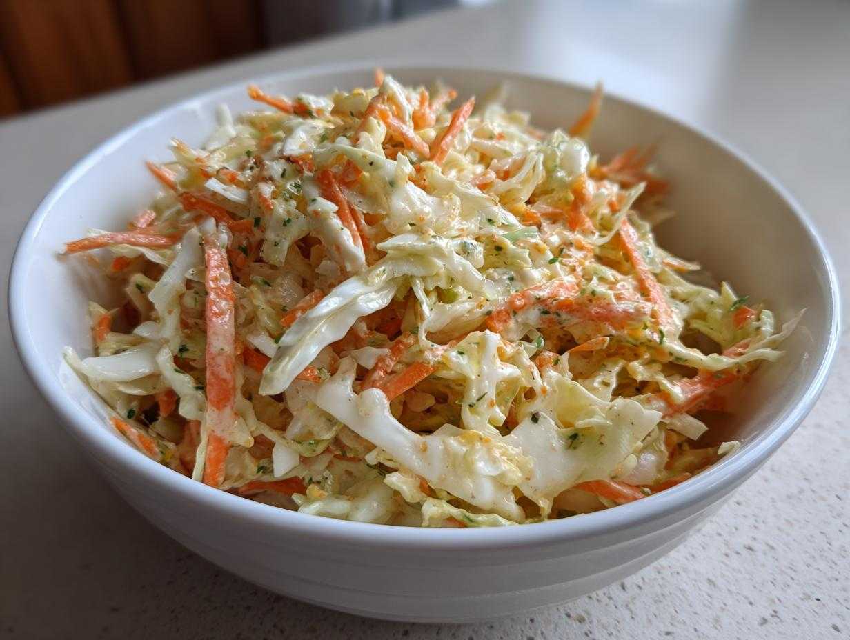 Zbliżenie na miskę pełną kremowej sałatki coleslaw z młodej kapusty i marchewki.