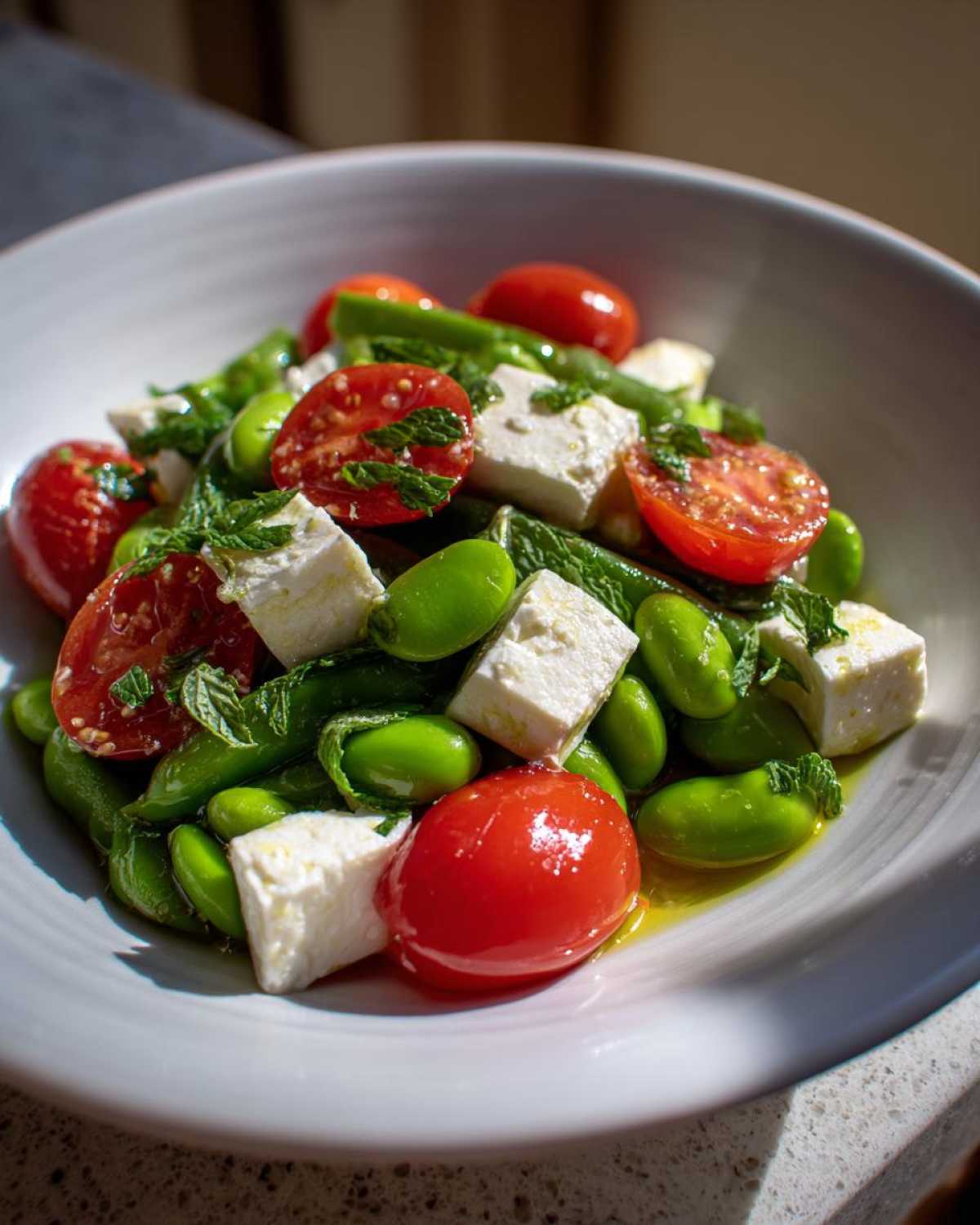 Zbliżenie na świeżą Sałatka z bobu fety i pomidorków z kawałkami sera feta i listkami mięty.