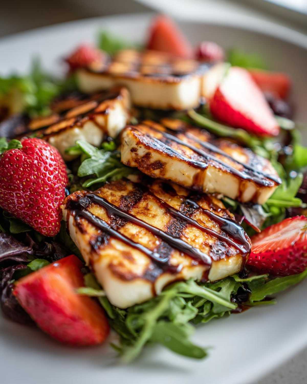 Zbliżenie na sałatkę z grillowanym halloumi i truskawkami, polaną sosem balsamicznym.