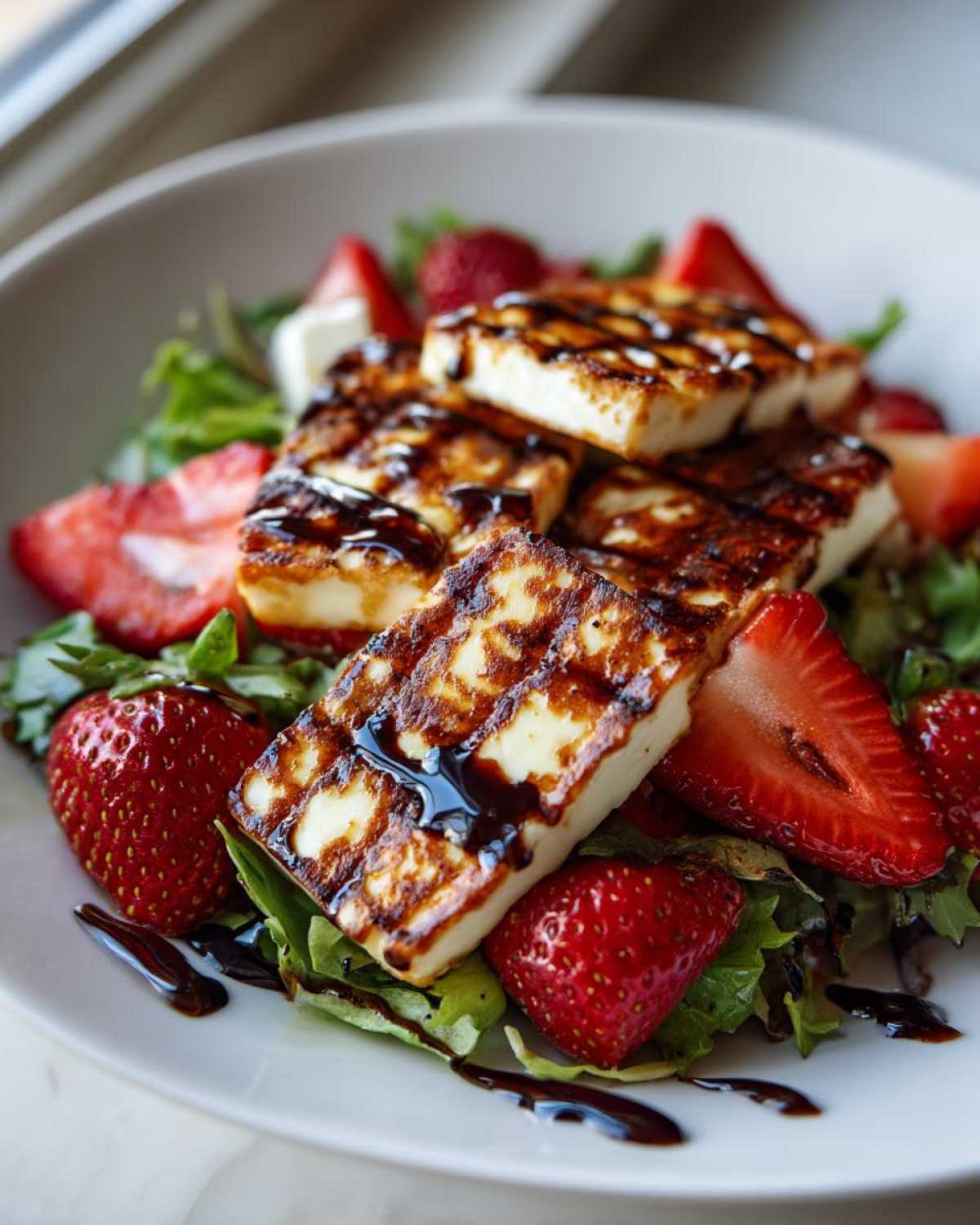 Zbliżenie na miskę sałatki z grillowanym halloumi i truskawkami, polanej sosem balsamicznym.