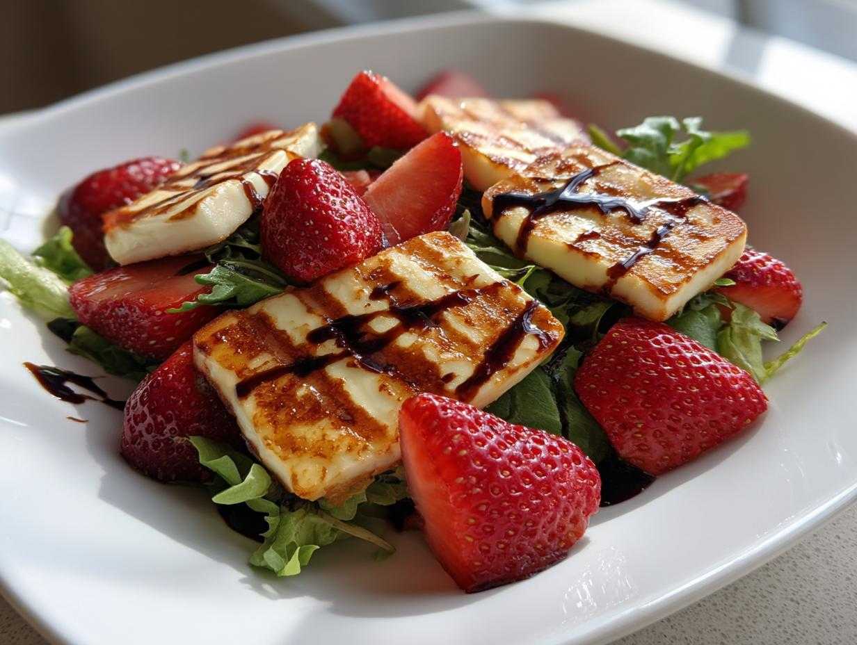 Zbliżenie na sałatkę z grillowanym halloumi i truskawkami polaną sosem balsamicznym.