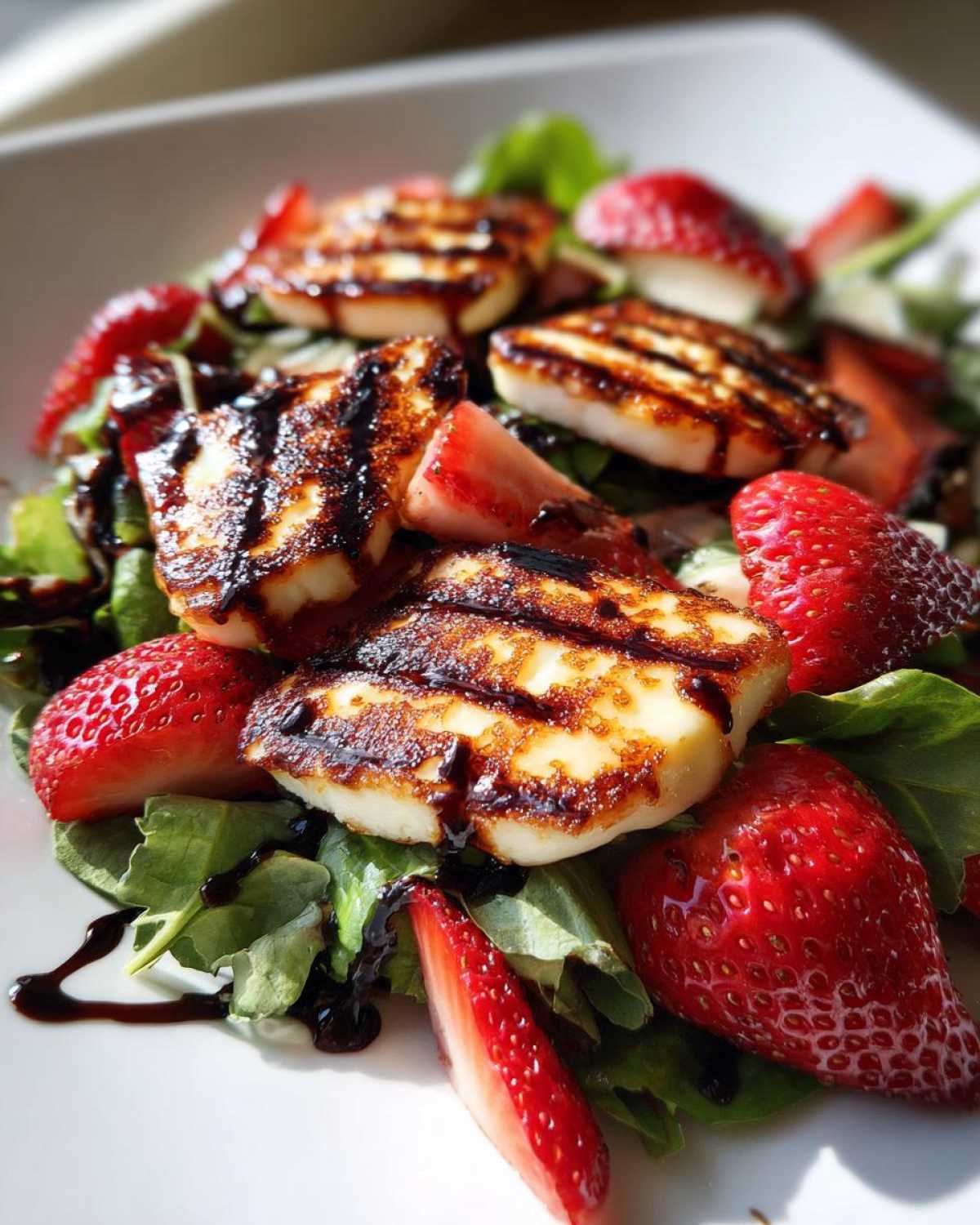 Zbliżenie na Sałatka z grillowanym halloumi i truskawkami polana sosem balsamicznym.