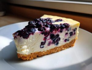 Kawałek kremowego sernika na zimno z jagodami i białą czekoladą na białym talerzu.