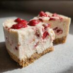 Dwa kawałki kremowego sernika na zimno z truskawkami i białą czekoladą na spodzie z herbatników.