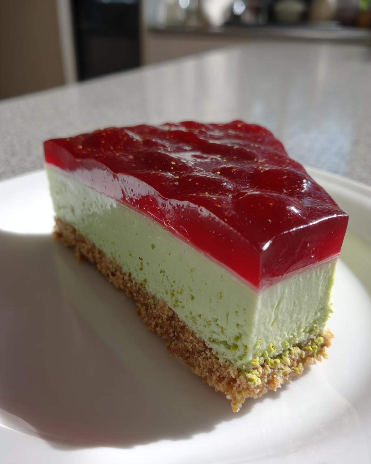 Kawałek sernika pistacjowego na zimno z malinami, z zieloną masą, spodem z herbatników i galaretką malinową na wierzchu.