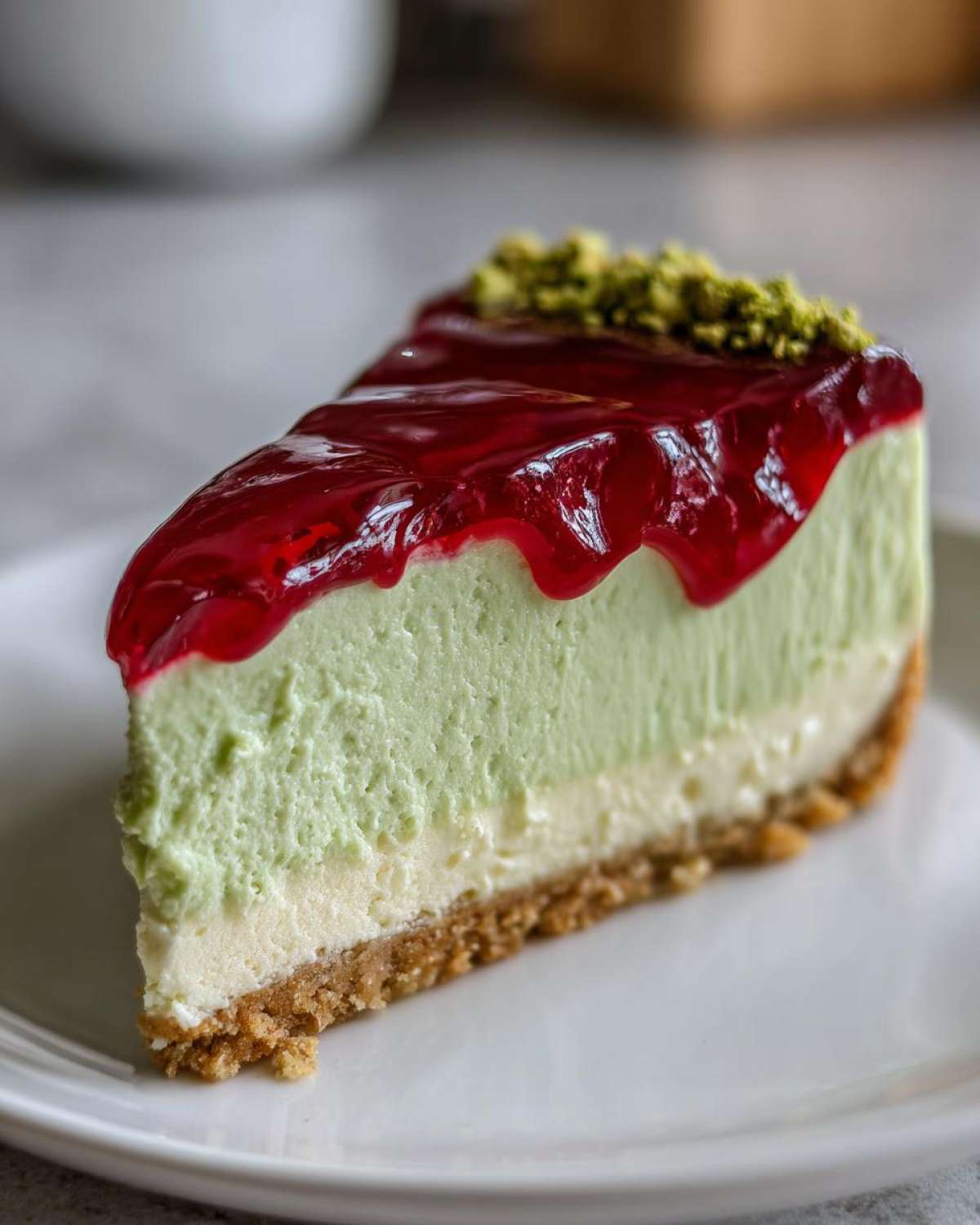 Kawałek kremowego sernika pistacjowego na zimno z malinową polewą i posypką z pistacji.