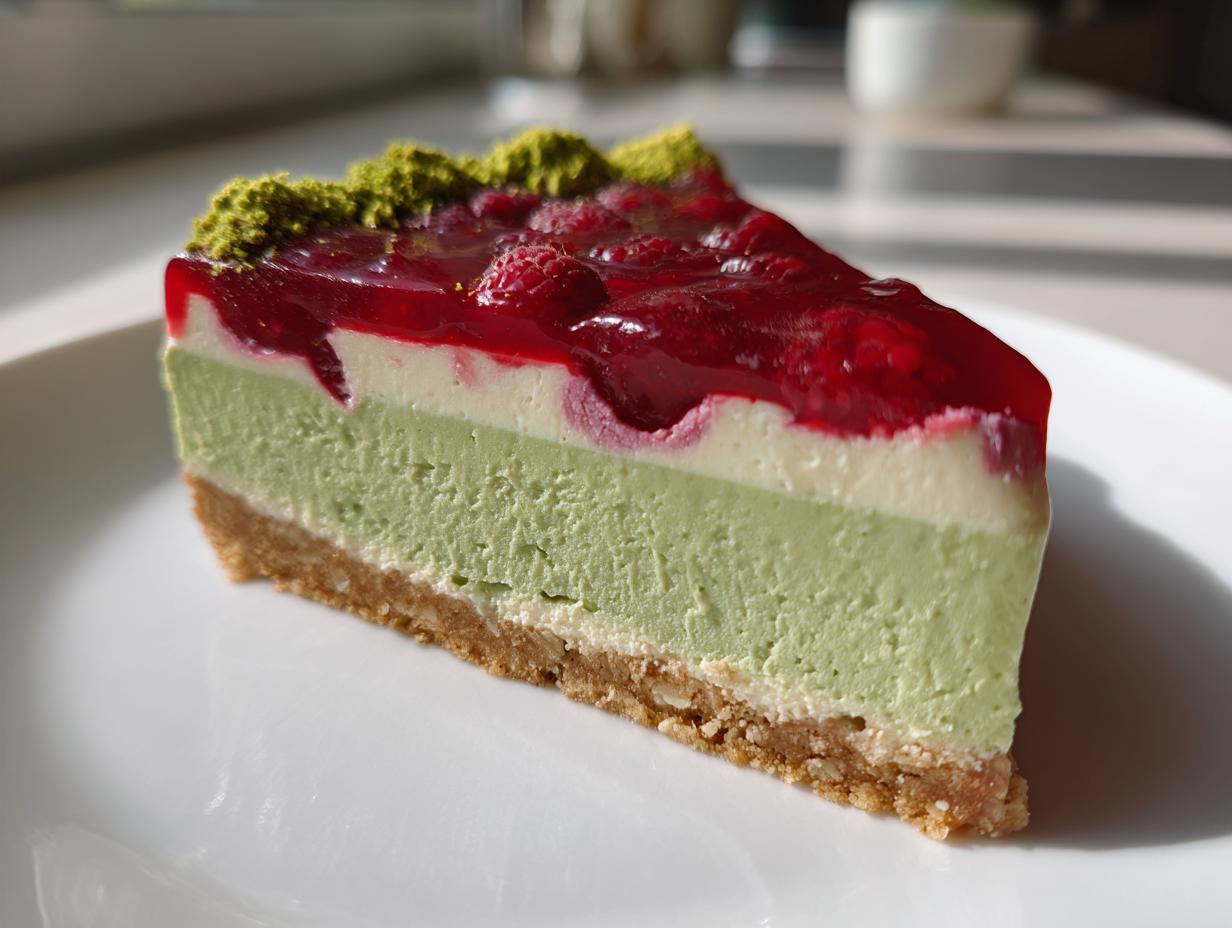 Kawałek sernika pistacjowego na zimno z malinami, z zieloną masą pistacjową i galaretką.