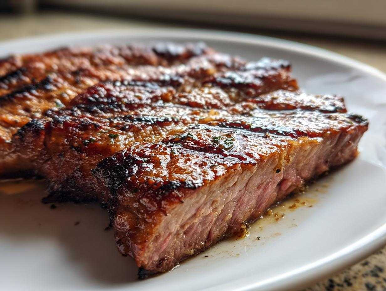 Przekrój soczystej karkówki z grilla w marynacie piwnej, widoczne grillowe paski i karmelizowana skórka.