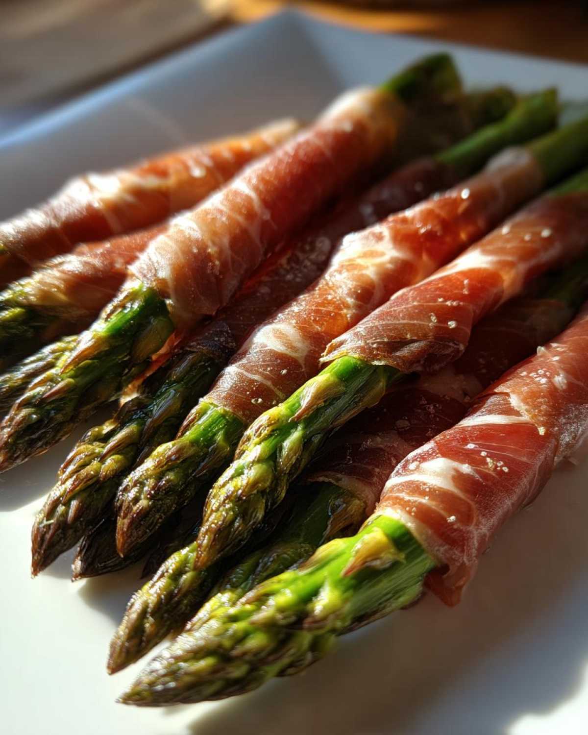 Zbliżenie na zielone szparagi zawinięte w plastry szynki parmeńskiej, ułożone na białym talerzu.