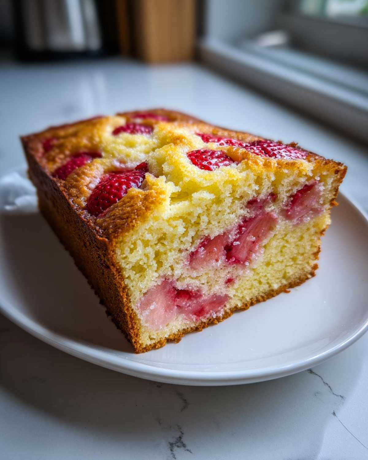 Kawałek puszystego, żółtego ciasta z widocznymi kawałkami truskawek, idealny na Szybkie ciasto z truskawkami na jogurcie.