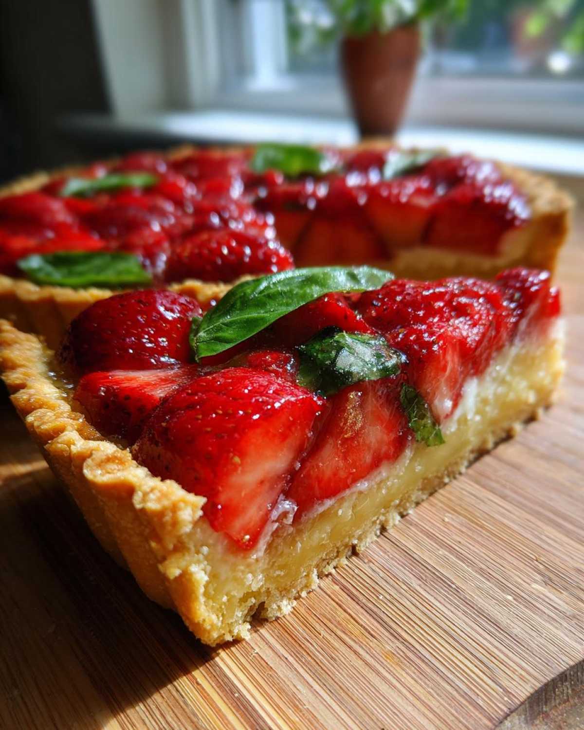 Zbliżenie na kawałek Tarta rustykalna z truskawkami i bazylią na drewnianej desce.