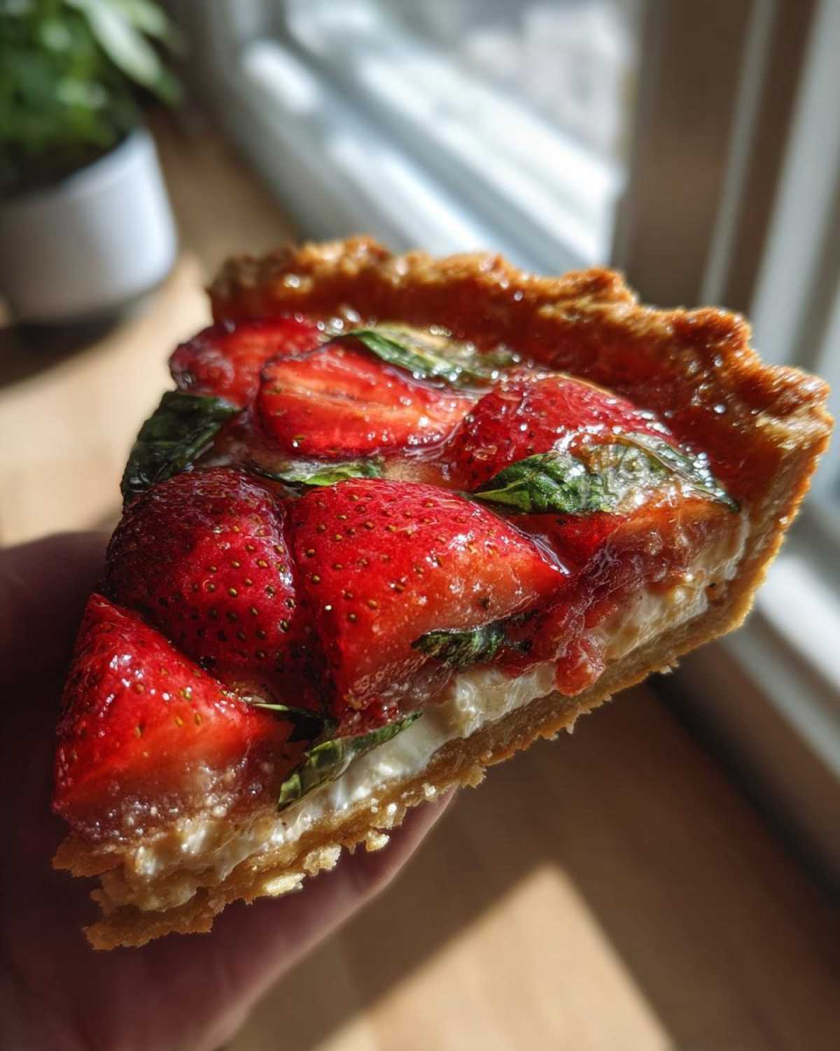 Zbliżenie na kawałek Tarta rustykalna z truskawkami i bazylią z kremowym nadzieniem i błyszczącymi owocami.