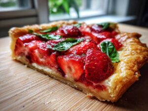 Zbliżenie na kawałek Tarta rustykalna z truskawkami i bazylią na drewnianej desce.