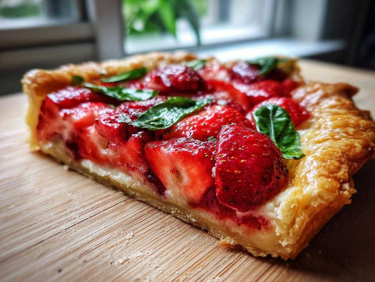 Zbliżenie na kawałek Tarta rustykalna z truskawkami i bazylią na drewnianej desce.