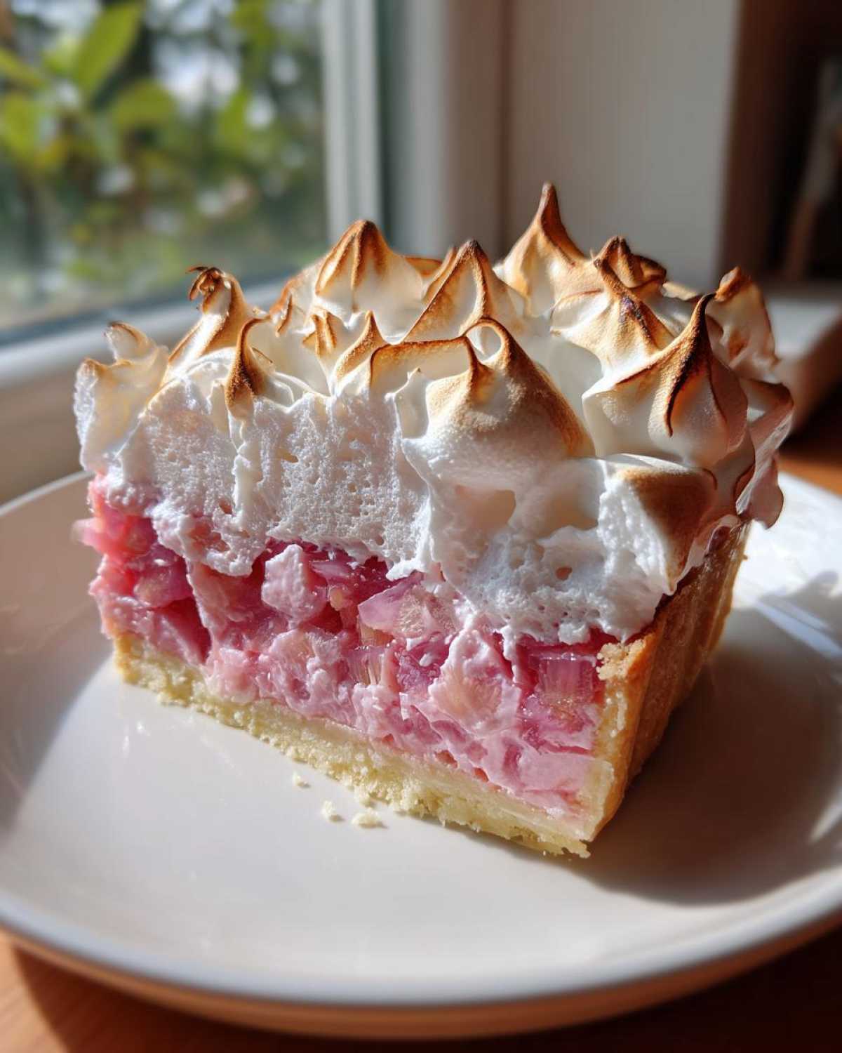 Kawałek tarta z rabarbarem i bezą włoską na białym talerzu, z przypieczonymi czubkami bezy.
