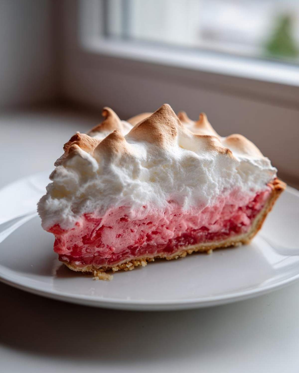 Kawałek puszystej tarta z rabarbarem i bezą włoską na białym talerzu.