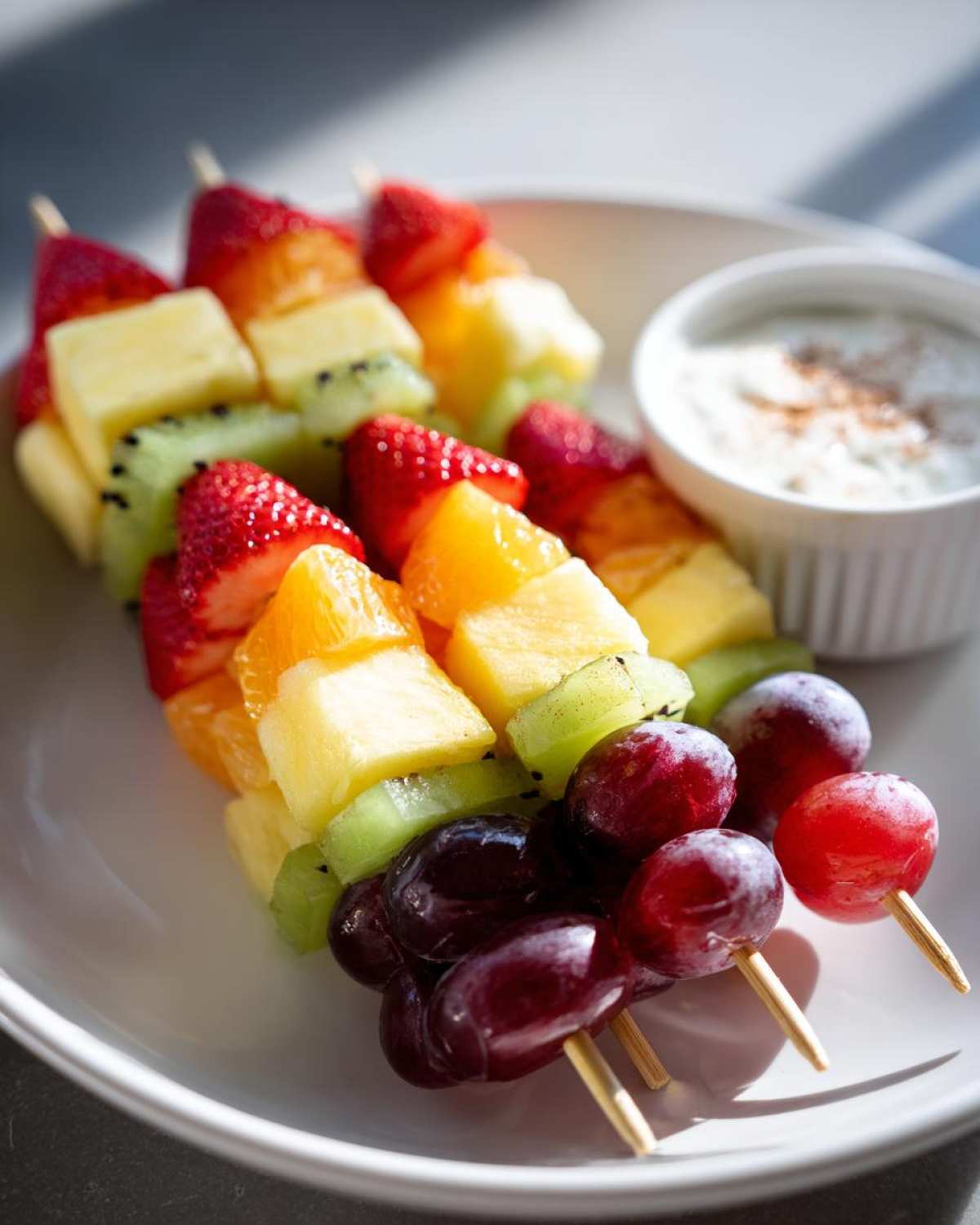 Zbliżenie na Tęczowe szaszłyki owocowe z kawałkami truskawek, ananasa, kiwi, pomarańczy i winogron, podane z jogurtem.