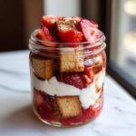 Warstwowy deser Tiramisu truskawkowe bez jajek z kawałkami biszkoptu i truskawkami w szklanym słoiku.