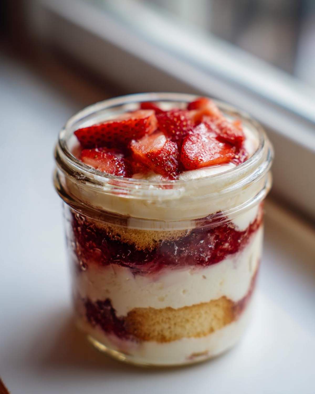 Warstwowe tiramisu truskawkowe bez jajek w szklanym słoiku, udekorowane świeżymi truskawkami.