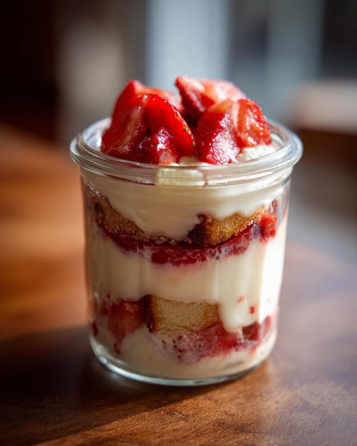 Warstwowe Tiramisu truskawkowe bez jajek w szklanym słoiczku, udekorowane świeżymi truskawkami na wierzchu.