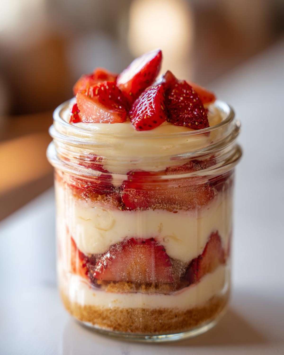 Warstwowe Tiramisu truskawkowe bez jajek w szklanym słoiku, udekorowane świeżymi truskawkami.