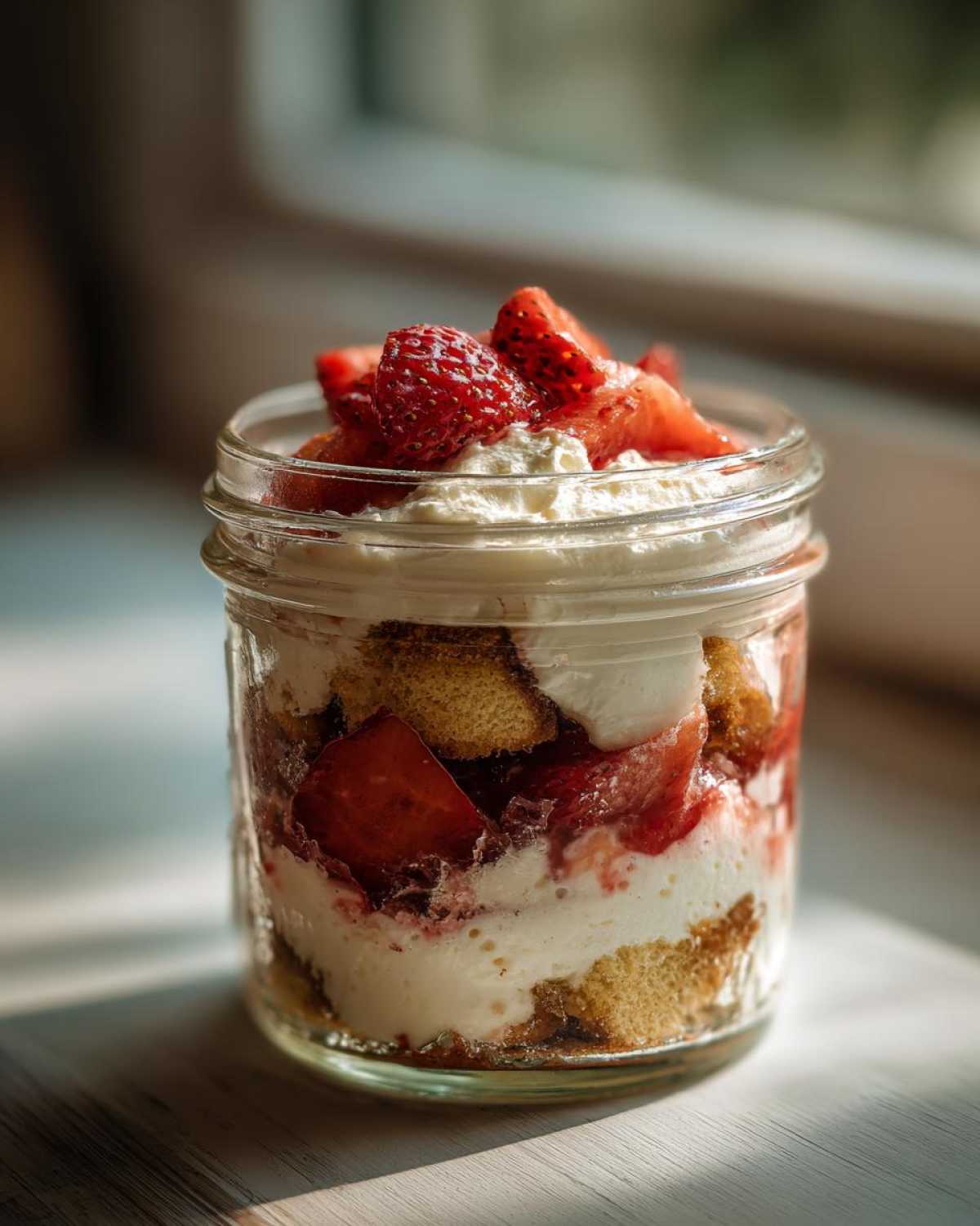 Warstwowe tiramisu truskawkowe bez jajek z biszkoptami i bitą śmietaną w szklanym słoiku.