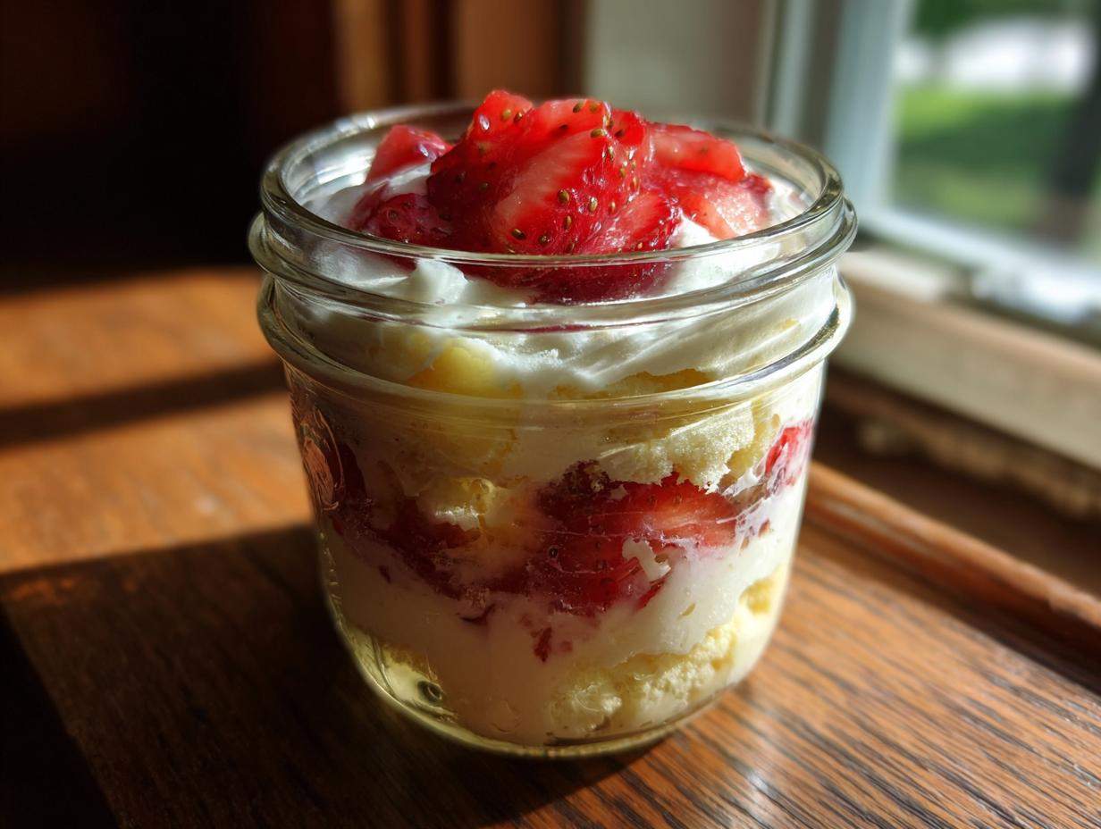 Warstwowe tiramisu truskawkowe bez jajek z bitą śmietaną i kawałkami truskawek w małym słoiczku.
