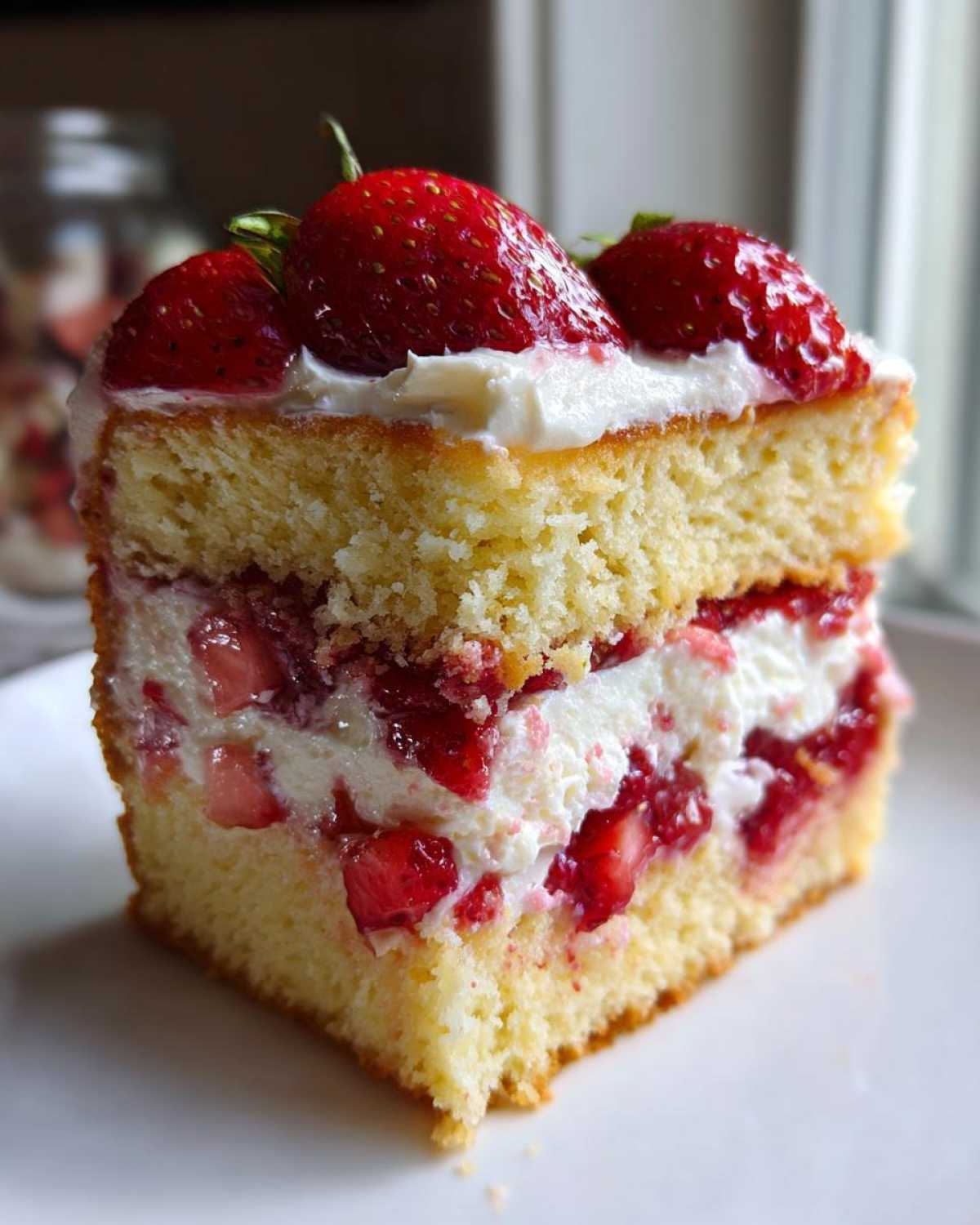 Zbliżenie na kawałek tortu truskawkowego z kremem mascarpone, widoczne warstwy biszkoptu i truskawek.