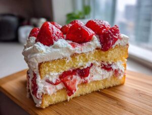 Kawałek puszystego tortu truskawkowego z kremem mascarpone, udekorowany świeżymi truskawkami.
