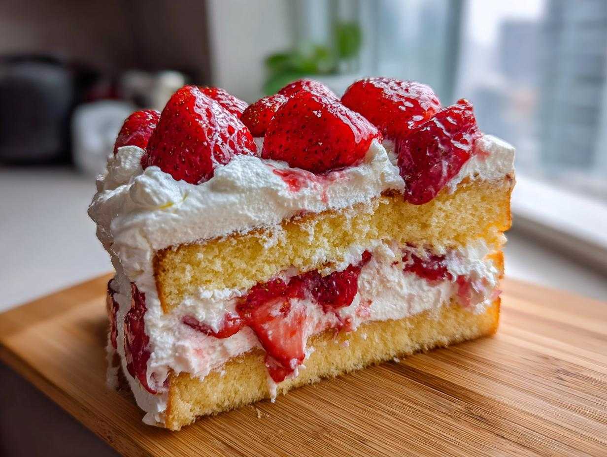 Kawałek puszystego tortu truskawkowego z kremem mascarpone, udekorowany świeżymi truskawkami.