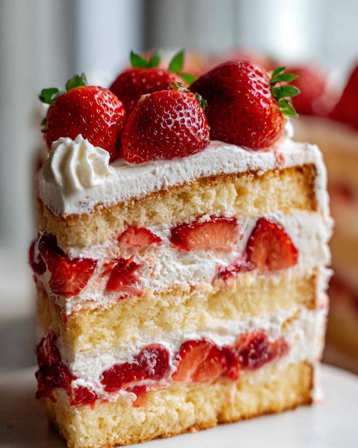 Zbliżenie na przekrój tortu truskawkowego z kremem mascarpone, widoczne warstwy biszkoptu i świeże truskawki.