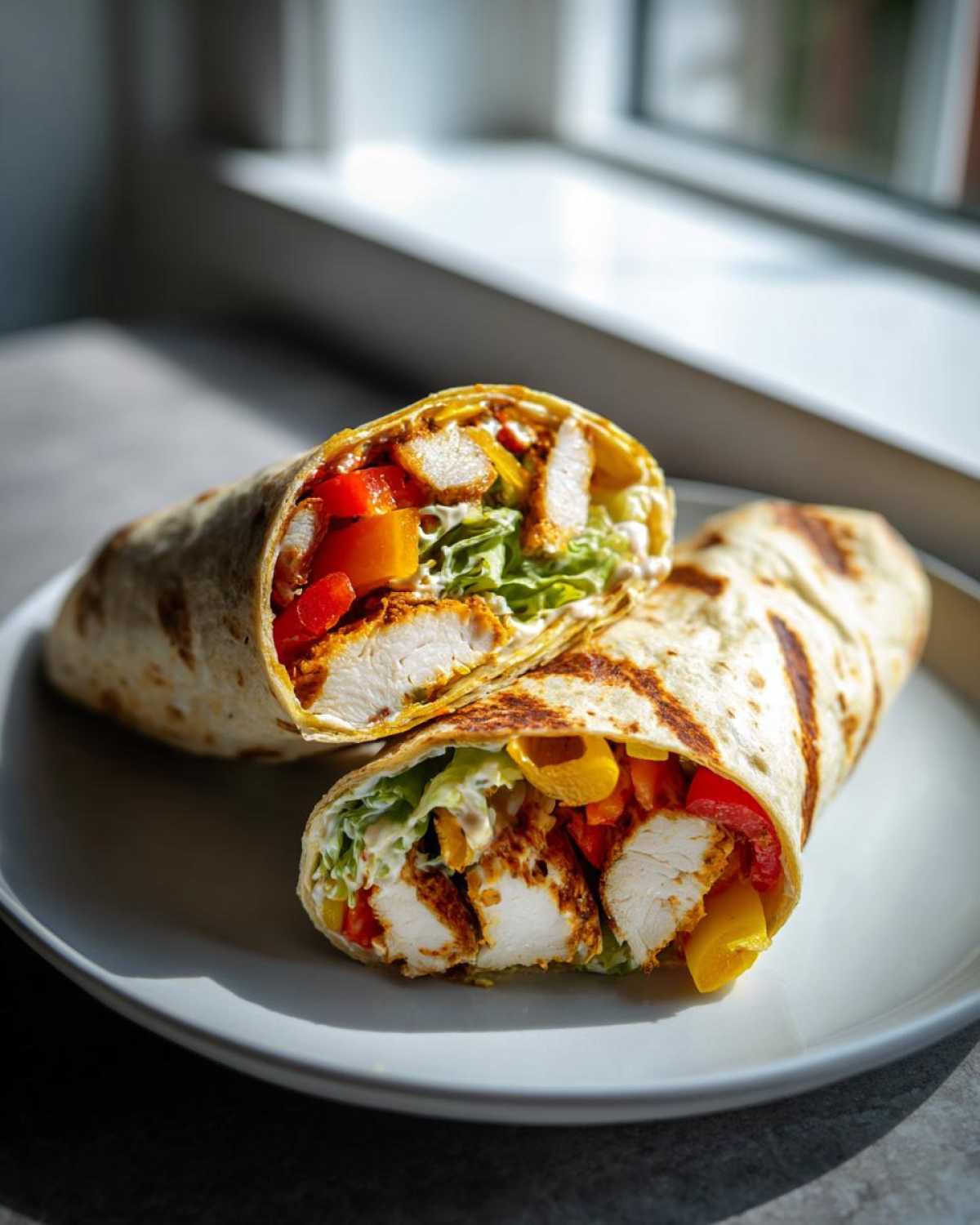 Przekrojona na pół Tortilla z grillowanym kurczakiem i warzywami na talerzu.