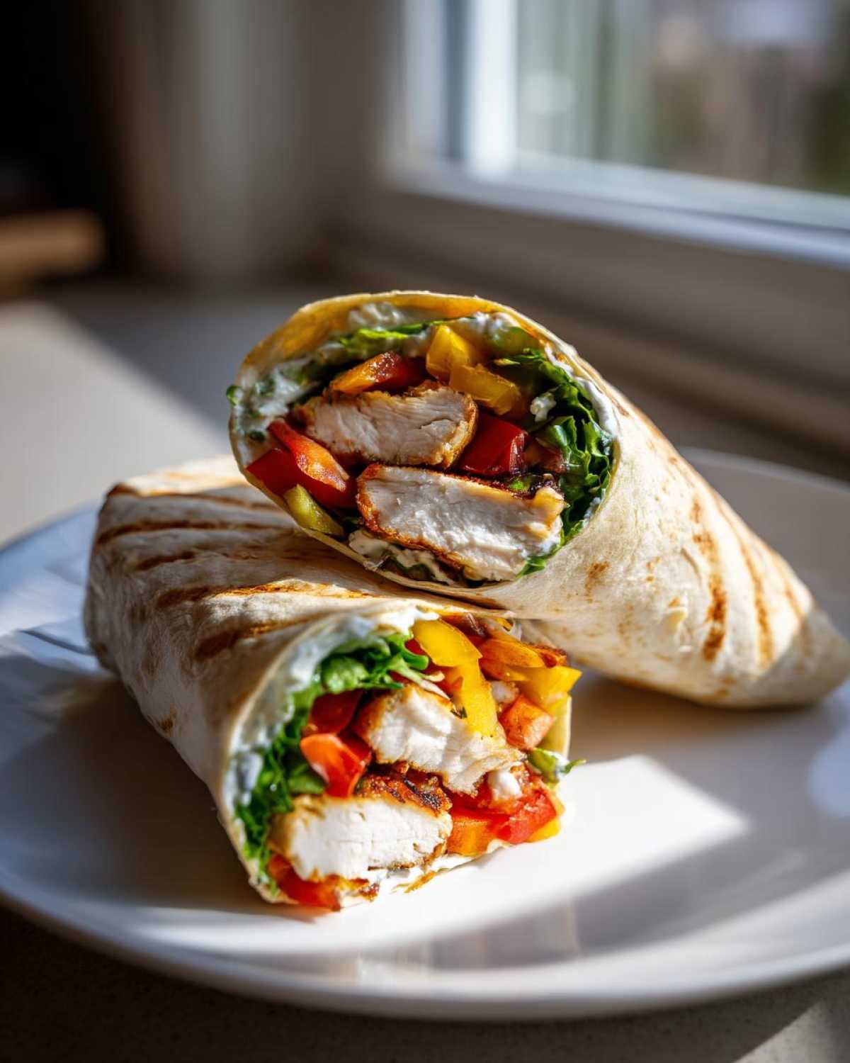 Przekrojona na pół Tortilla z grillowanym kurczakiem i kolorowymi warzywami na białym talerzu.