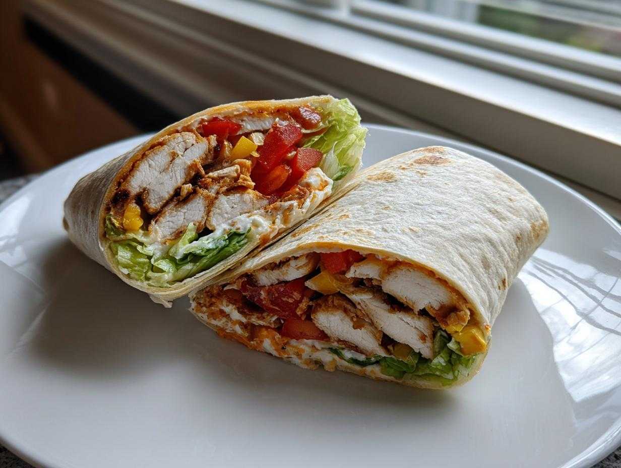 Przekrojona na pół tortilla z grillowanym kurczakiem, sałatą i kolorowymi warzywami na białym talerzu.