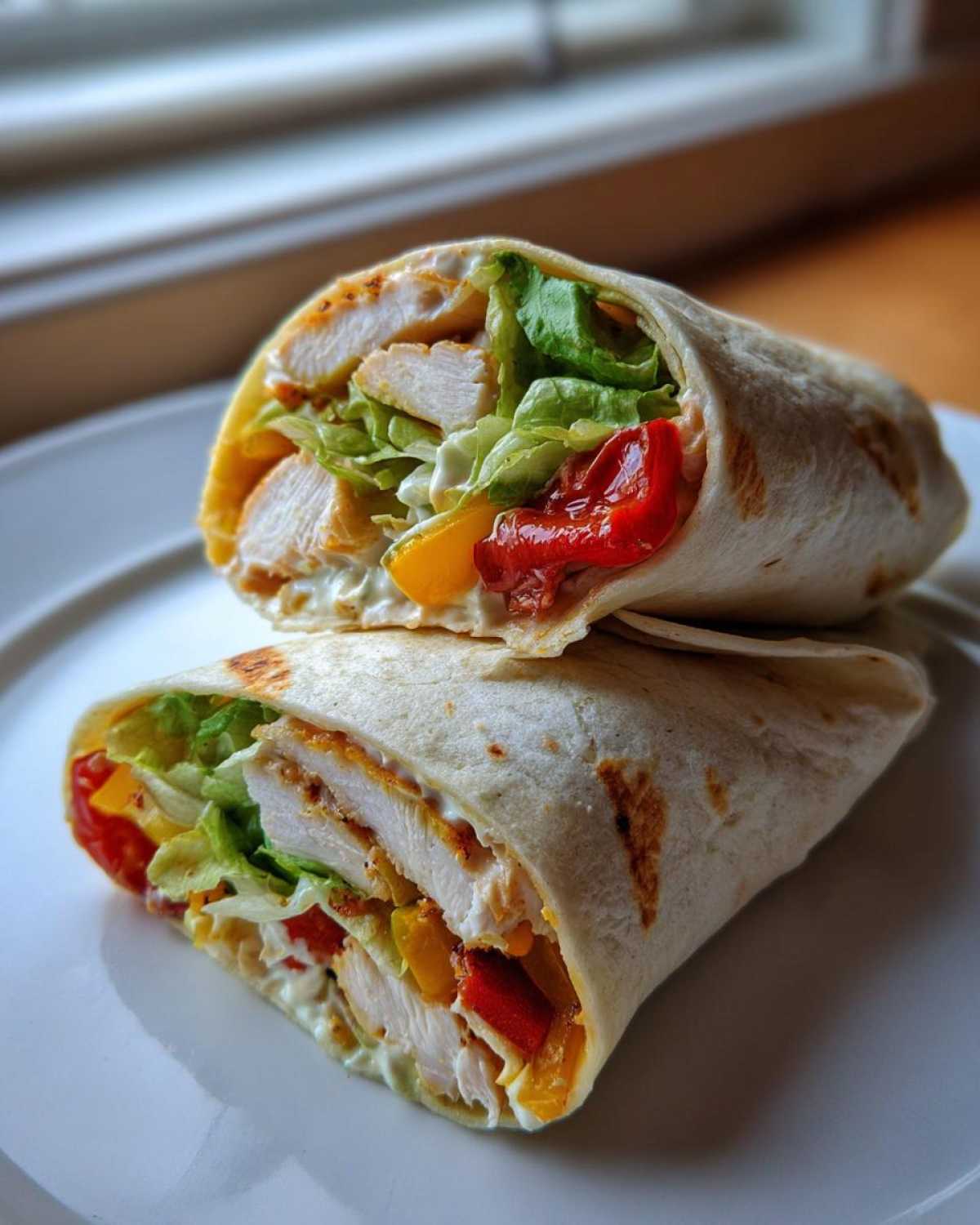 Przekrój Tortilla z grillowanym kurczakiem i warzywami na białym talerzu, widoczne kawałki kurczaka i papryki.