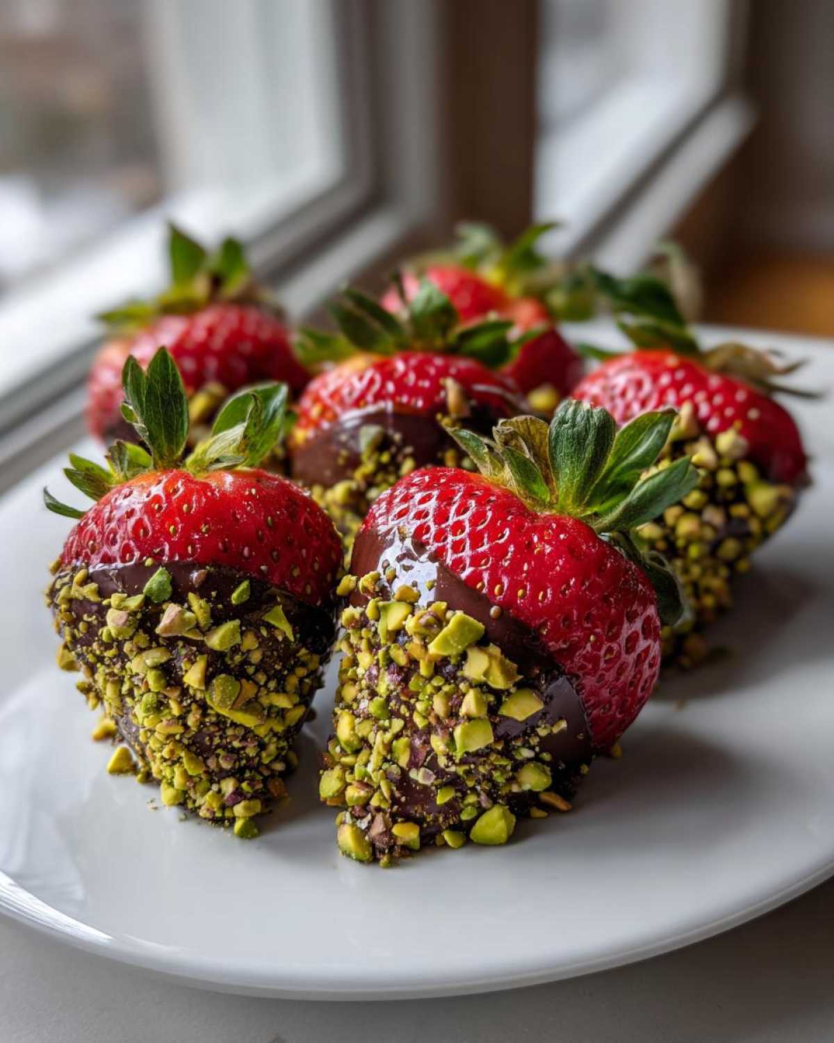 Zbliżenie na świeże truskawki w czekoladzie z pistacjami, ułożone na białym talerzu.