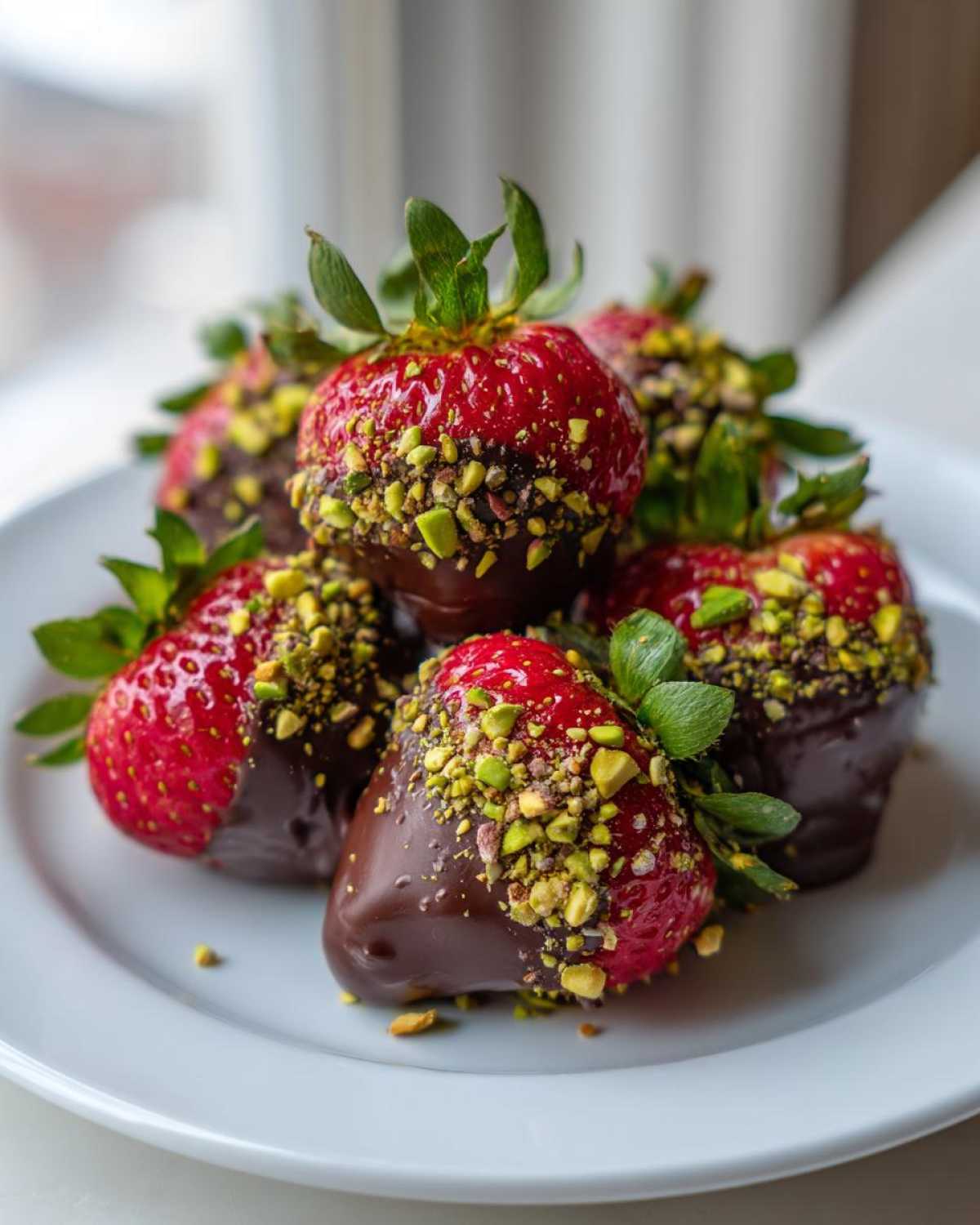 Zbliżenie na stos świeżych truskawek w czekoladzie z posypką z posiekanych pistacji.