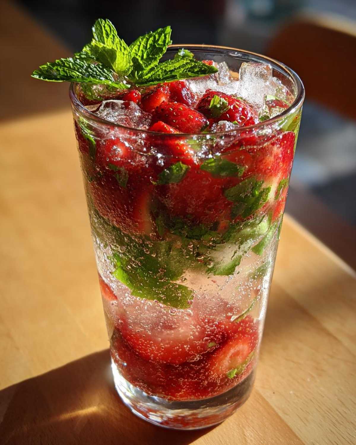 Zbliżenie na szklankę orzeźwiającego Truskawkowe Mojito bezalkoholowe z lodem, truskawkami i miętą.
