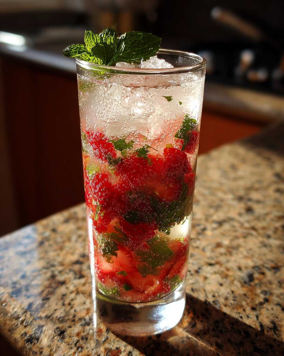 Szklanka pełna Truskawkowe Mojito bezalkoholowe z kawałkami truskawek, miętą i lodem.