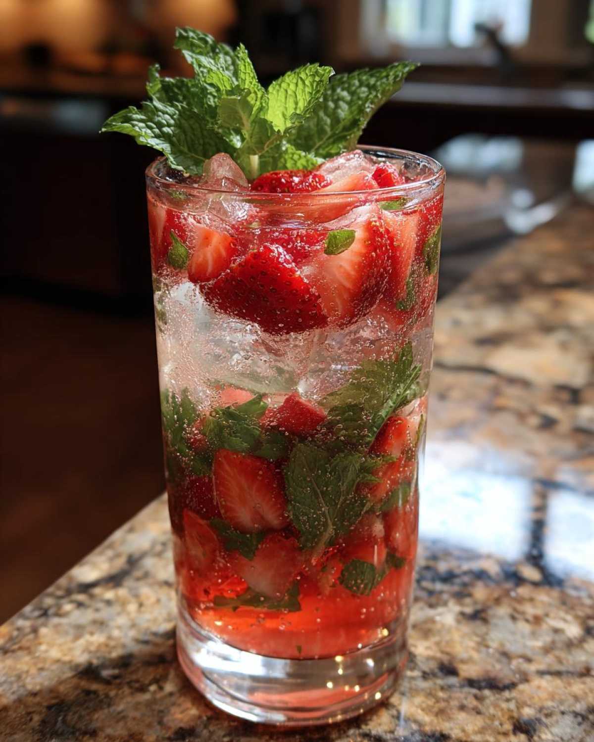 Szklanka Truskawkowe Mojito bezalkoholowe z lodem, kawałkami truskawek i listkami mięty.