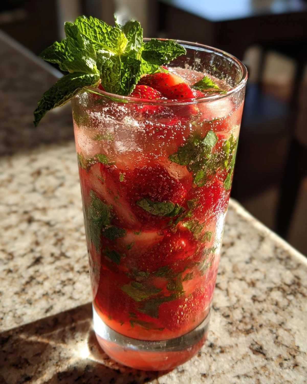 Szklanka pełna Truskawkowego Mojito bezalkoholowego z kawałkami truskawek, miętą i bąbelkami.